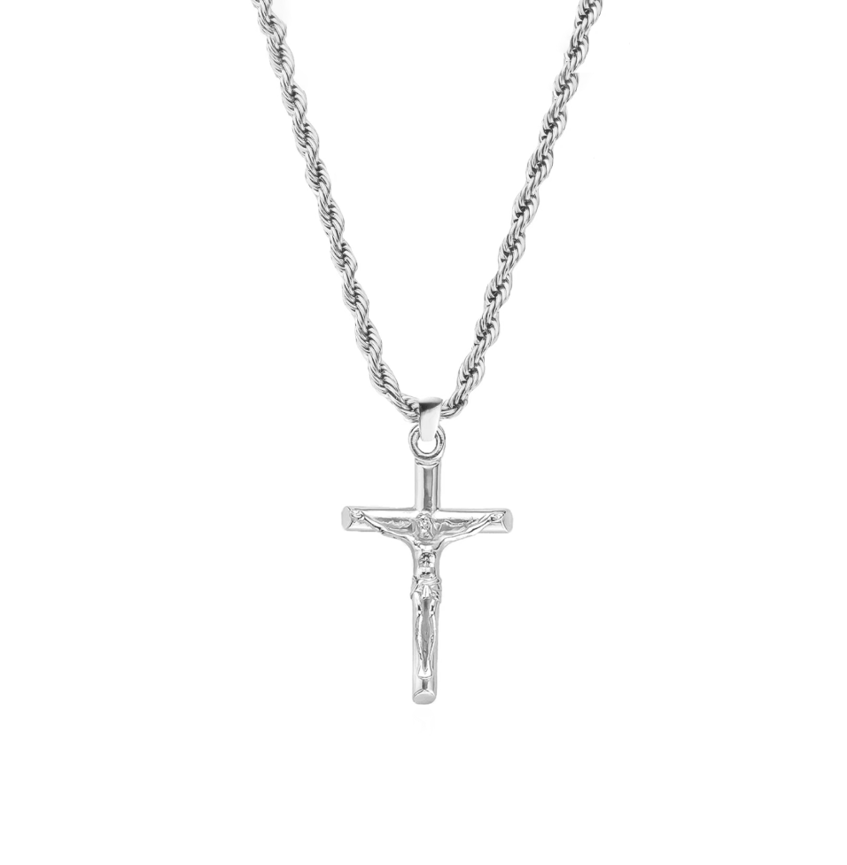 54 FLORAL CRUCIFIX CROSS PENDANT SNAKE TWIST NECKLACE CHAIN - SILVER
