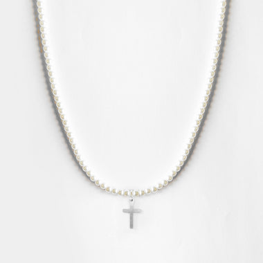 54 Floral - Pearl Bead Ball Cross Necklace Pendant Necklace Chain Silver