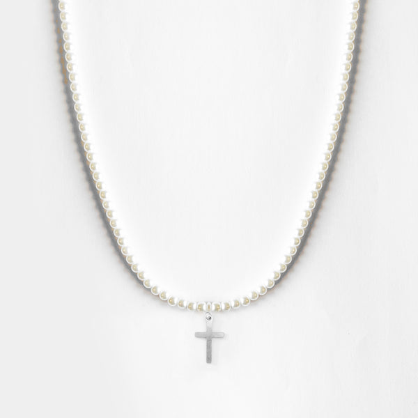 54 Floral - Pearl Bead Ball Cross Necklace Pendant Necklace Chain Silver