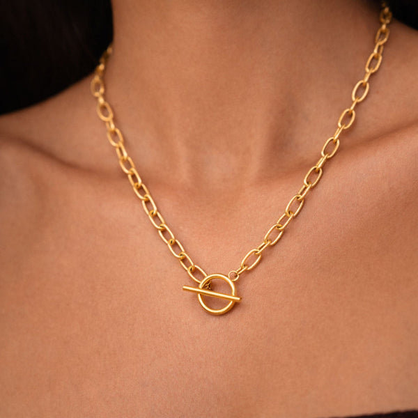 54 FLORAL T-BAR TOGGLE CHARM PENDANT CHUNKY WIDE OVAL NECKLACE CHAIN - SILVER/GOLD