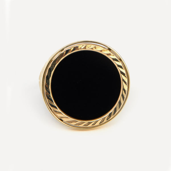 54 FLORAL 9ct GOLD 375 ONYX ELEMENT FACE SOVEREIGN SIGNET RING
