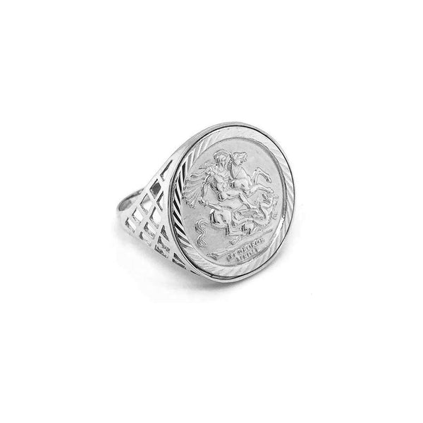 54 FLORAL SAINT GEORGE MEDALLION SOVEREIGN SIGNET RING - SILVER