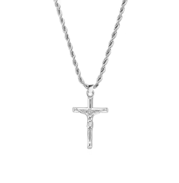 54 FLORAL CRUCIFIX CROSS PENDANT SNAKE TWIST NECKLACE CHAIN - SILVER