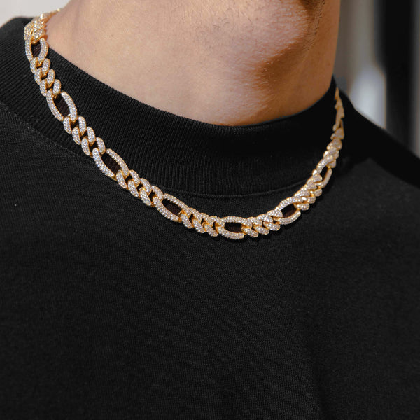 54 FLORAL 12mm ICED TENNIS CRYSTAL FIGARO DIAMOND CURB NECKLACE CHAIN - GOLD