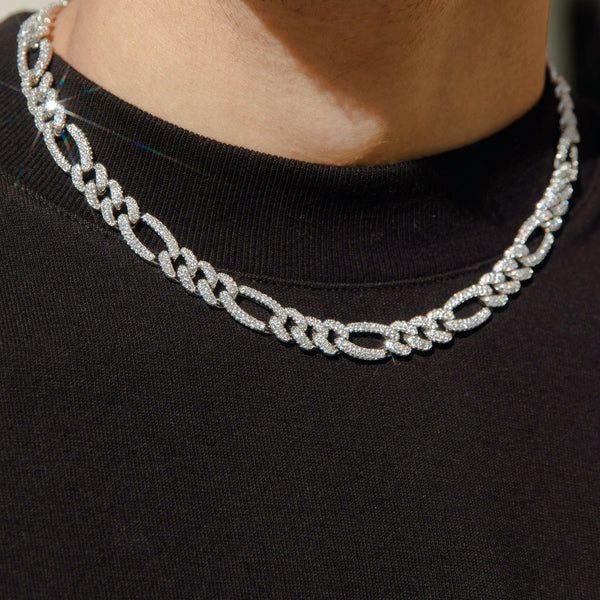 54 FLORAL 12mm ICED TENNIS CRYSTAL FIGARO DIAMOND CURB NECKLACE CHAIN - SILVER