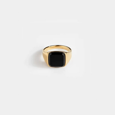 54 FLORAL BLACK SQUARE ONYX MARBLE ELEMENT SIGNET RING - GOLD