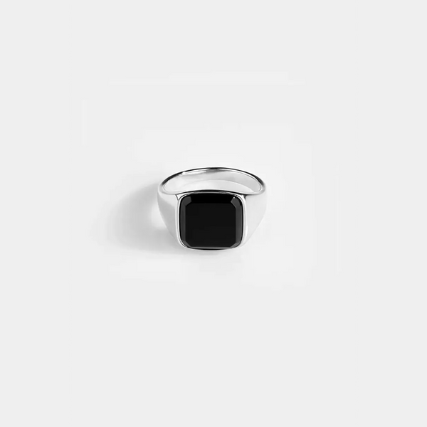 54 FLORAL BLACK SQUARE ONYX MARBLE ELEMENT SIGNET RING - SILVER
