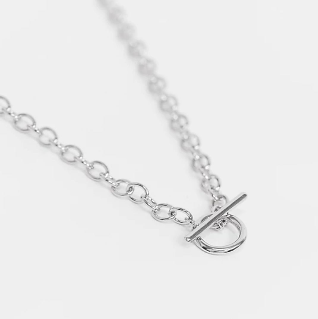 54 FLORAL T-BAR TOGGLE CHARM PENDANT CHUNKY WIDE OVAL NECKLACE CHAIN - SILVER/GOLD