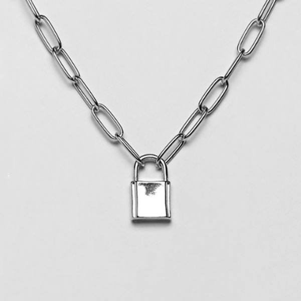 54 FLORAL PADLOCK PENDANT OVAL NECKLACE CHAIN - SILVER