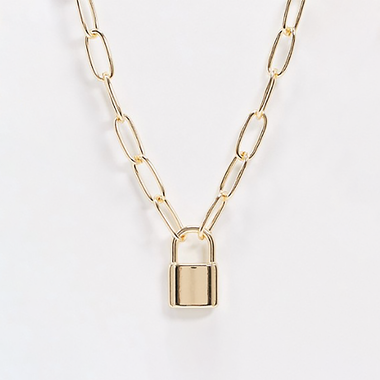 54 FLORAL PADLOCK PENDANT OVAL NECKLACE CHAIN - GOLD