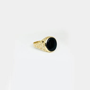 54 FLORAL SMALL 9ct GOLD 375 ONYX ELEMENT FACE SOVEREIGN SIGNET RING