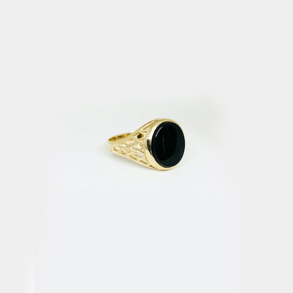 54 FLORAL SMALL 9ct GOLD 375 ONYX ELEMENT FACE SOVEREIGN SIGNET RING